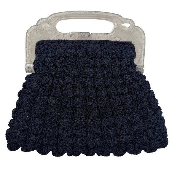 Vintage Handbags - VINTAGE 30s Popcorn Crochet Navy Blue Peacock Handle Evening Bag